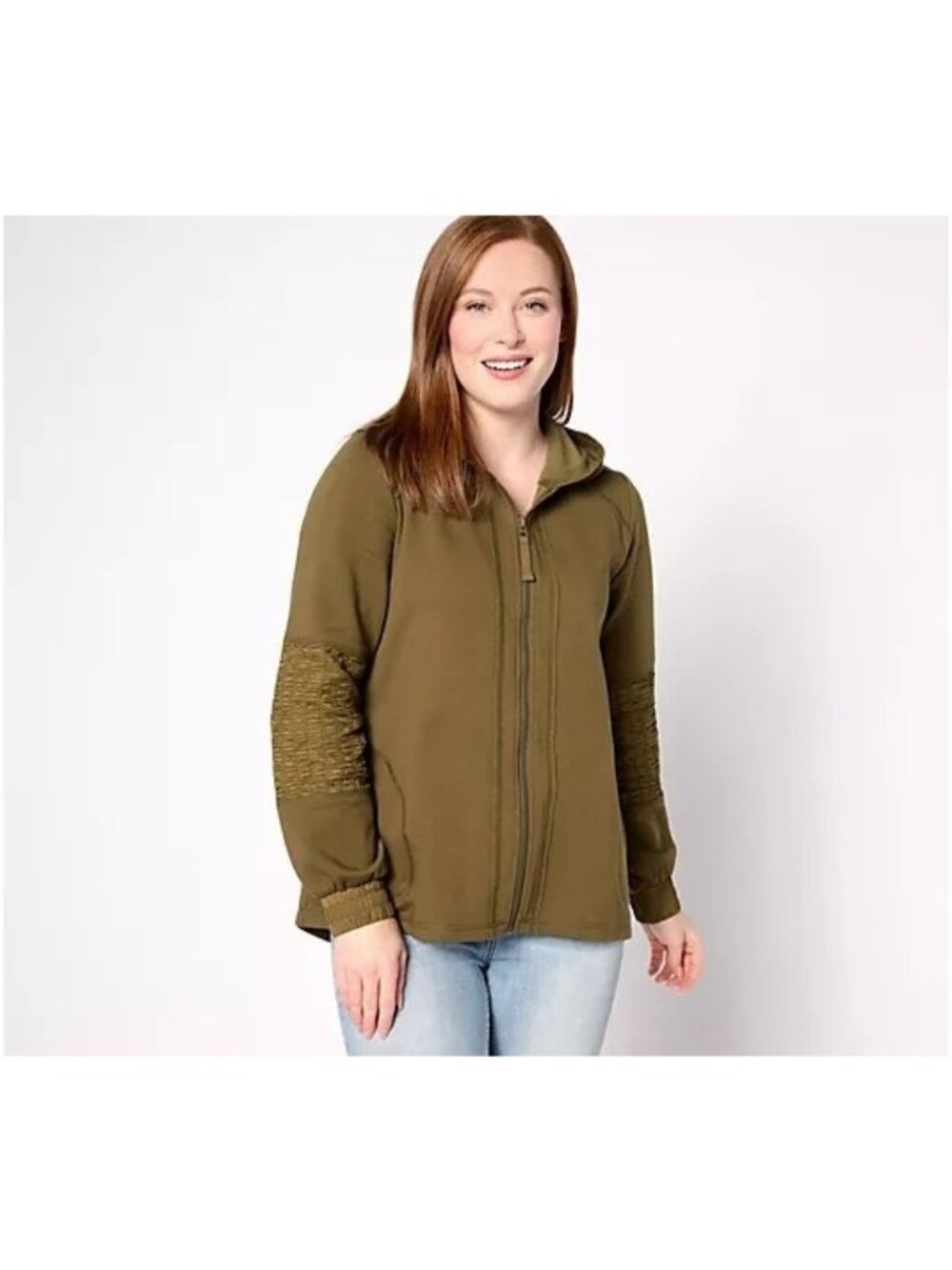 LOGO Life by Lori Goldstein Hoodie XS French Terry Zip Up Smocking Dark Olive
